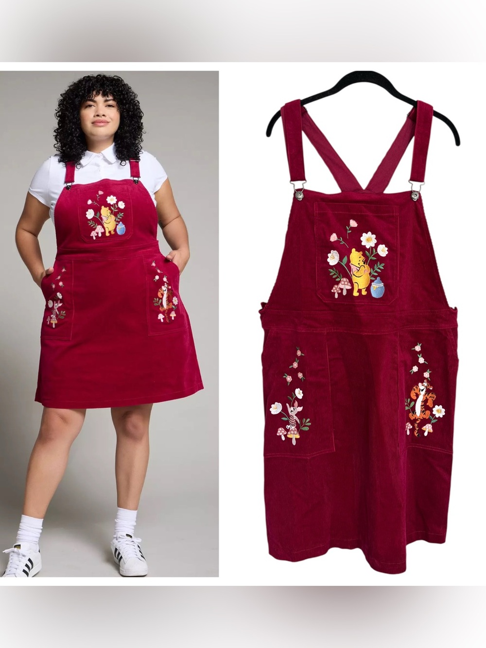 Disney BoxLunch Winnie the Pooh embroidered corduroy overall dress sz 2X red
